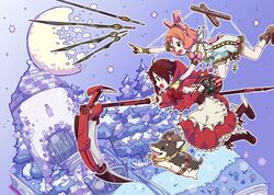  2girls basket bow broken_moon commentary_request control_bar cowboy_hat crescent_rose hairbow hat highres moon moromoimaru multiple_girls penny_polendina puppet_strings red_hood ruby_rose rwby shoes welsh_corgi winged_footwear wings zwei_(rwby) 