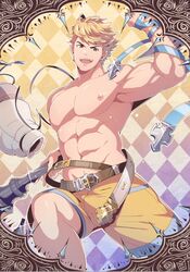  1boy argyle_background bag bara belt blonde_hair commentary english_commentary granblue_fantasy highres large_pectorals looking_at_viewer male_focus male_swimwear mazjojo nipples official_alternate_costume open_mouth pectorals smile solo sparkle swim_trunks topless_male vane_(granblue_fantasy) vane_(summer)_(granblue_fantasy) yellow_background yellow_male_swimwear 