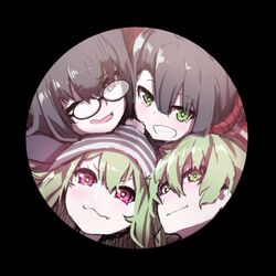  4girls :3 absurdres bad_id bad_twitter_id beanie black-framed_eyewear black_background black_hair closed_mouth commentary glasses green_eyes green_hair grin hair_between_eyes hat highres jacket looking_at_viewer multiple_girls open_mouth original purple_eyes red_jacket round_image siblings sisters smile star-shaped_pupils star_(symbol) striped_clothes striped_headwear symbol-shaped_pupils track_jacket v-shaped_eyebrows wada_kazu wada_kazu_(character) wada_kazuko wada_nagomi wada_nodoka wavy_mouth 