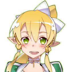  bad_id bad_pixiv_id blonde_hair blush choker dot_nose elf female green_eyes hair_between_eyes hair_ornament highres leafa long_hair looking_at_viewer open_mouth pointy_ears ponytail portrait shiny sidelocks simple_background smile solo sword_art_online teeth tongue white_background white_choker yoru_kiri 