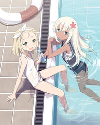  2girls :d bad_id bad_pixiv_id blonde_hair blue_eyes bottle closed_mouth cnm covered_navel drain_(object) flower from_above green_eyes hair_flower hair_ornament hairband highres i-504_(kancolle) kantai_collection lifebuoy long_hair looking_at_viewer luigi_torelli_(kancolle) multiple_girls one-piece_swimsuit open_mouth partially_submerged pool poolside ramune ripples ro-500_(kancolle) school_swimsuit short_hair sitting smile soaking_feet swim_ring swimsuit swimsuit_under_clothes tan water white_hairband white_one-piece_swimsuit 