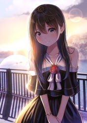  3: backlighting bare_shoulders black_dress black_hair blurry blush brooch brown_eyes brown_hair closed_mouth cloud collarbone commentary_request cowboy_shot depth_of_field dress evening female flower hair_between_eyes highres jewelry kentaurosu lens_flare long_hair looking_at_viewer matsuno_chiya ocean original outdoors railing red_flower red_rose river rose shadow sky solo sunset v_arms watch water wristwatch 