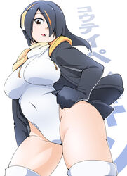  black_hair black_jacket breasts brown_eyes commentary_request covered_navel drawstring emperor_penguin_(kemono_friends) female from_below hair_over_one_eye headphones highleg highleg_leotard highres hood hoodie jacket kagura_roku kemono_friends large_breasts leotard long_hair looking_at_viewer multicolored_hair open_clothes open_hoodie solo streaked_hair thighhighs white_background white_leotard white_thighhighs 