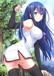  ass bare_shoulders black_gloves black_thighhighs blue_eyes blue_hair blush breasts bridal_gauntlets cloud commentary_request day dress elbow_gloves female gloves gokukoku_no_brynhildr highres kazenokaze kuroha_neko large_breasts long_hair looking_at_viewer open_mouth sky solo thighhighs tree 