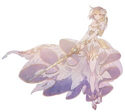  a082 bare_shoulders blonde_hair bracelet breasts brown_eyes cleavage commentary_request djeeta_(granblue_fantasy) dress female flower glorybringer_(granblue_fantasy) granblue_fantasy hair_flower hair_ornament high_heels jewelry short_hair shoulder_guard simple_background solo space_print starry_sky_print sword thighhighs weapon white_background 