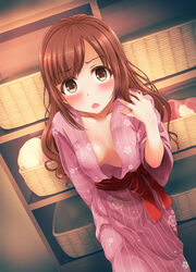  blush breasts brown_eyes brown_hair cleavage collarbone commentary_request female floral_print highres idolmaster idolmaster_cinderella_girls igarashi_kyoko indoors japanese_clothes kimono long_hair looking_at_viewer naharyou obi open_mouth pink_kimono print_kimono sash small_breasts solo standing striped_clothes striped_kimono yukata 