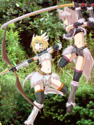  2girls arrow blonde_hair blue_eyes bow camel_(dansen) cosplay female gloves kirin_(armor) milia milia_wars monster_hunter multiple_girls open_mouth oroshi_kirin_(armor) profile sachiho short_hair sword thighhighs weapon yellow_eyes 