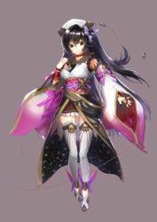  black_eyes black_hair caravan_stories choker commentary_request female full_body hat highres japanese_clothes kyougoku_touya long_hair looking_at_viewer simple_background skirt solo thighhighs wide_sleeves 