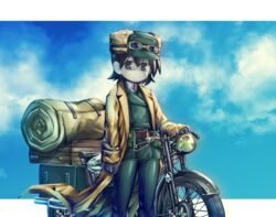  bad_id bad_nicoseiga_id belt black_eyes black_gloves black_hair brough_superior closed_mouth cookie_(touhou) cosplay expressionless female gloves goggles goggles_on_headwear green_hat hat hermes_(kino_no_tabi) highres kino_(kino_no_tabi) kino_(kino_no_tabi)_(cosplay) kino_no_tabi kofji_(cookie) leather_belt long_sleeves looking_at_viewer marakasu_(chinkasu) motor_vehicle motorcycle parody solo 