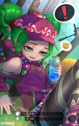  ! at_gunpoint bad_id bad_twitter_id bare_shoulders baseball_cap black_legwear bottle breasts candy commentary cork english_commentary female food fortnite gem glint grass green_eyes green_hair gun hair_tie half-closed_eyes hat highres holding holding_bottle hood hoodie kashu_(hizake) long_sleeves looking_at_another off-shoulder_shirt off_shoulder on_ground open_mouth out_of_frame pantyhose purple_hat purple_hoodie shirt short_hair short_twintails sidelocks small_breasts smile smiley_face solo_focus spoken_expression striped_clothes striped_pantyhose sweat twintails weapon zoey_(fortnite) 