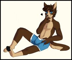  4_toes 5_fingers anthro biped black_border blue_eyes border boxers_(clothing) brown_body brown_fur brown_hair bulge canid canine canis clothing domestic_dog feet fingers fur hair heart_symbol male mammal pawpads simple_background sitting solo toes underwear white_background yukiin 