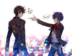  2boys amamiya_ren bang_(gesture) black_hair finger_gun gekkoukan_high_school_uniform glasses gloves hair_over_one_eye headphones lovechro male_focus multiple_boys persona persona_3 persona_3:_dancing_moon_night persona_5 persona_5:_dancing_star_night persona_dancing protected_link school_uniform short_hair shuujin_academy_school_uniform smile yuuki_makoto_(persona_3) 