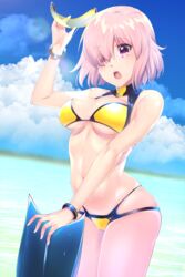  :o beach bikini breasts cloud commentary_request day fate/grand_order fate_(series) female goggles highres hisayaki_kyuu light_purple_hair mash_kyrielight mash_kyrielight_(dive_to_blue) medium_breasts official_alternate_costume outdoors purple_eyes skindentation sky solo swimsuit underboob yellow_bikini 