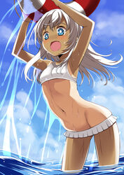  arms_up bad_id bad_pixiv_id bikini bikini_skirt blonde_hair blue_eyes cloud commentary_request cowboy_shot day female frilled_skirt frills innertube kantai_collection leaning_forward long_hair nontraditional_school_swimsuit oerba_yun_fang one-piece_tan open_mouth outdoors photoshop_(medium) ro-500_(kancolle) ro-500_(swimsuit_mode)_(kancolle) school_swimsuit skirt sky solo standing swim_ring swimsuit tan tanlines wading water white_bikini yuu_(kfc) 