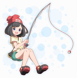  bag beanie black_bag black_hair black_shoes blue_background blue_eyes blush collarbone eyebrows_visible_through_hair female fishing_rod full_body green_shorts hands_up happy hat knees_together_feet_apart looking_at_viewer mizuki_(pokemon_sm) neru_(neruneruru) open_mouth pokemon pokemon_sm red_hat shirt shoes short_hair short_sleeves shorts simple_background sitting smile solo strap_cleavage teeth tied_shirt white_background 