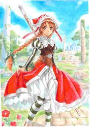  blue_sky bonnet bow braid brown_hair cloud coat cobblestone commentary_request cordelia_(saga) day dress feet_out_of_frame female flower grass green_bow hairbow head_scarf juliet_sleeves long_hair long_sleeves outdoors pantyhose pillar polearm puffy_sleeves red_eyes ruins saga saga_frontier_2 sett sio2_(nisankakeiso) skirt_hold sky smile solo standing stone striped_clothes striped_pantyhose traditional_media tree twin_braids vertical_stripes very_long_hair vest weapon 