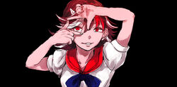  80yakky black_background brown_hair commentary_request female finger_frame horns impossible_spell_card kijin_seija multicolored_hair puffy_sleeves red_eyes short_hair short_sleeves simple_background small_horns smile solo teeth touhou white_horns 