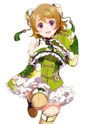  :d blush brown_footwear brown_hair chinese_clothes commentary_request detached_sleeves dress eyebrows female frills head_tilt izumi_k_rukawa koizumi_hanayo leg_up looking_at_viewer love_live! love_live!_school_idol_project open_mouth shoes smile solo thighhighs 