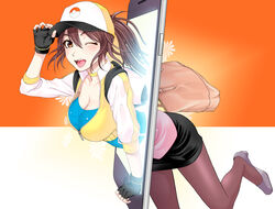  ;d adjusting_clothes adjusting_headwear arm_support backpack bag baseball_cap black_gloves black_hair black_skirt blue_eyes blush breasts brown_eyes brown_hair brown_pantyhose cellphone choker cleavage commentary_request cropped_jacket denson female female_protagonist_(pokemon_go) fingerless_gloves from_side gloves grey_footwear hair_between_eyes hat high_heels highres jacket large_breasts leaning_forward long_hair looking_at_viewer one_eye_closed open_mouth pantyhose partially_unzipped pencil_skirt phone pokemon pokemon_go ponytail shoes shoulder_bag simple_background skirt smartphone smile solo strapless through_medium through_screen transforming_clothes tube_top two-tone_background 