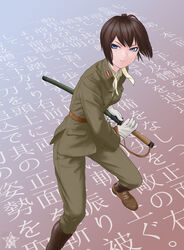  blue_eyes brown_hair commentary_request female fighting_stance gloves highres holding holding_sword holding_weapon imperial_japanese_army katana legs_apart military military_uniform original ready_to_draw scabbard sheath sheathed short_hair sino_(mechanized_gallery) solo standing sword uniform weapon white_gloves world_war_ii 