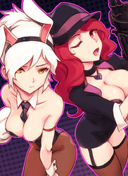  2girls animal_ears bare_arms battle_bunny_riven between_breasts blazer bra breasts choker cleavage collarbone commentary_request crime_city_miss_fortune detached_collar garter_straps gloves groin gun hairband half-closed_eyes hat heart heart_necklace jacket jewelry large_breasts league_of_legends leotard looking_at_viewer machine_gun miss_fortune_(league_of_legends) mole mole_under_eye multiple_girls necklace necktie necktie_between_breasts one_eye_closed open_clothes open_mouth pantyhose playboy_bunny rabbit_ears red_eyes red_hair riven_(league_of_legends) sieyarelow single_glove strapless strapless_leotard thighhighs tied_hair underwear weapon white_hair wrist_cuffs yellow_eyes 