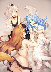  3girls :3 all_fours animal_ears ass bell black_dress blue_hair blue_ribbon brown_eyes brown_hair cat_ears cat_tail ciel_nosurge claw_pose clenched_hand collar dress elbow_gloves fox_ears fox_tail gloves green_eyes grey_hair hair_ornament hair_scrunchie hairband imageboard_desourced ionasal_kkll_preciel jingle_bell junwool long_hair looking_at_another lying multiple_girls neck_bell nelo_(surge_concerto) non-web_source on_side open_mouth panties pantyhose pantyshot ponytail ribbon ribbon-trimmed_dress sarly_planck scrunchie sitting spaghetti_strap strapless strapless_dress surge_concerto tail tail_ornament tail_ribbon underwear v-shaped_eyebrows very_long_hair white_dress white_gloves white_panties white_pantyhose 