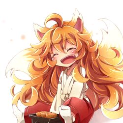  :d ahoge amaama_to_inazuma animal_ears blonde_hair closed_eyes commentary_request curly_hair female food fox_ears fox_tail haiiro_(immature) inuzuka_tsumugi japanese_clothes lolicon long_hair multiple_tails open_mouth sitting smile solo tabi tail very_long_hair 