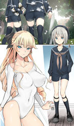  2boys age_difference beret black_bow blonde_hair blue_eyes book bow breasts building coin_rand collarbone commentary_request contrapposto covered_navel covered_nipples cowboy_shot drill_hair female forest full_body hairbow hat large_breasts legwear_garter leotard long_hair multiple_boys nature original otoko_no_ko outdoors puffy_sleeves sailor_collar shorts socks standing thick_eyebrows tree 