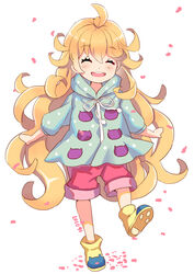  ahoge amaama_to_inazuma blonde_hair boots closed_eyes commentary_request curly_hair dated duzie_e female full_body highres inuzuka_tsumugi lolicon long_hair petals smile solo very_long_hair walking 