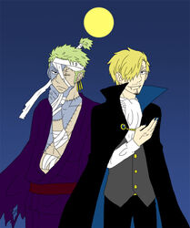  2_boys bandage blonde_hair cloaks ear_rings fangs green_hair hair_knots kimonos looking_at_viewers multiple_boys one_piece roronoa_zoro sanji scars stitches vampires zombies 