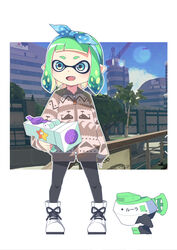  :d anchorage_akiko black_pantyhose blue_eyes blue_hairband blue_ribbon blue_sky boots brown_jacket building chinese_commentary cloud commentary_request crane_(machine) cross-laced_footwear day female green_hair hair_ribbon hairband highres holding holding_weapon inkling inkling_girl inkling_player_character jacket lace-up_boots long_sleeves looking_away looking_to_the_side oerba_yun_fang open_mouth pantyhose pointy_ears puffy_long_sleeves puffy_sleeves railing ribbon robot sky sleeves_past_wrists smile solo splatoon_(series) splatoon_2 splattershot_jr_(splatoon) standing tentacle_hair tree weapon white_footwear 