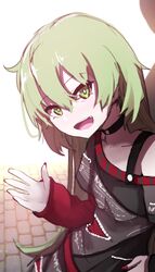  :d absurdres bad_id bad_twitter_id black_choker black_shirt blurry blurry_background blush choker collarbone commentary day depth_of_field female fingernails green_eyes green_hair hair_between_eyes hand_on_own_hip head_tilt highres layered_sleeves long_hair long_sleeves looking_at_viewer nail_polish off-shoulder_shirt off_shoulder open_mouth original outdoors red_nails shirt short_over_long_sleeves short_sleeves sleeves_past_wrists smile solo very_long_hair wada_kazu wada_nodoka white_background 