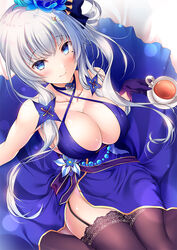  azur_lane bare_shoulders black_gloves black_thighhighs blue_choker blue_dress blue_eyes blush breasts choker cleavage collarbone commentary_request cup dress female flower garter_straps gloves hair_flower hair_ornament hair_ribbon holding holding_cup illustrious_(azur_lane) illustrious_(never-ending_tea_party)_(azur_lane) large_breasts long_hair looking_at_viewer mole mole_under_eye official_alternate_costume official_alternate_hairstyle one_side_up photoshop_(medium) ribbon sidelocks smile solo teacup thighhighs tress_ribbon wagasi_(wagasi157) white_hair 