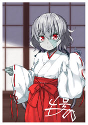  alternate_costume black_ribbon blue_skin blurry blurry_background colored_skin commentary_request depth_of_field eyes_visible_through_hair female fusuma grey_hair hair_between_eyes hair_ribbon hakama hakama_skirt highres japanese_clothes konno_junko long_hair looking_at_viewer low_twintails miko miyabi_(miyabeeya) patchwork_skin red_eyes ribbon ribbon-trimmed_sleeves ribbon_trim skirt sleeves_past_wrists sliding_doors smile solo stitched_face stitches twintails wide_sleeves zombie zombie_land_saga 