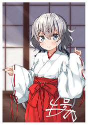  alternate_costume black_ribbon blurry blurry_background blush commentary_request depth_of_field eyes_visible_through_hair female fusuma grey_hair hair_between_eyes hair_ribbon hakama hakama_skirt highres japanese_clothes konno_junko long_hair looking_at_viewer low_twintails miko miyabi_(miyabeeya) ribbon ribbon-trimmed_sleeves ribbon_trim skirt sleeves_past_wrists sliding_doors smile solo twintails wide_sleeves zombie_land_saga 