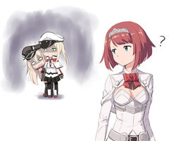  3girls ? ark_royal_(kancolle) bad_id bad_pixiv_id bare_shoulders bismarck_(kancolle) black_pantyhose black_skirt black_thighhighs blonde_hair blue_eyes capelet cnm detached_sleeves diadem dress graf_zeppelin_(kancolle) grey_legwear hairband hat hiding hiding_behind_another jitome kantai_collection long_hair long_sleeves military military_uniform multiple_girls pantyhose peaked_cap pleated_skirt red_hair scared shaded_face short_hair skirt thighhighs traumatized uniform white_dress wide_oval_eyes 