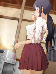  amaama_to_inazuma bad_id bad_pixiv_id black_hair blue_eyes commentary_request cooking covered_nipples dutch_angle female from_side highres iida_kotori long_hair looking_at_viewer looking_back low_ponytail ocza pleated_skirt ponytail pot school_uniform sidelocks skirt sleeves_rolled_up solo steam tasting 