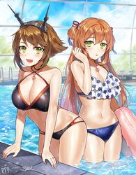  2girls :d bikini black_bikini blue_bikini blush breasts brown_hair cleavage collarbone commentary_request criss-cross_halter crossover diving_board dress frilled_bikini frills gijang girls&#039;_frontline green_eyes hair_between_eyes halterneck headgear heart_lock_(kantai_collection) innertube jewelry kantai_collection korean_commentary large_breasts leaning_forward long_hair looking_at_viewer multiple_girls mutsu_(kancolle) navel necklace open_mouth parted_lips pool ring short_hair smile springfield_(girls&#039;_frontline) swim_ring swimsuit wedding_ring wet white_bikini 