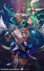  alternate_costume alternate_skin_color animal_ears armlet bare_shoulders blue_skirt breasts feathers female gloves green_eyes green_hair hassly horn league_of_legends lipstick long_hair looking_at_viewer magical_girl makeup miniskirt pleated_skirt skirt soraka staff star_guardian_(league_of_legends) star_guardian_soraka thighhighs very_long_hair white_gloves white_legwear wings 