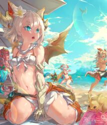  1boy 3girls abs aqua_hair bandages bare_shoulders barefoot beach belt bikini blonde_hair blue_eyes blush breasts claws closed_eyes cloud commentary_request day dragon_girl dragon_horns dragon_tail dragon_wings flower food front-tie_top fruit gadius_(p&amp;d) hair_flower hair_ornament highres horns jewelry kurokitsune_(float0108) laughing long_hair multiple_girls muscular myr_(p&amp;d) navel ocean open_mouth outdoors plumeria purple_hair puzzle_&amp;_dragons rabbit running sand saria_(p&amp;d) short_hair sitting sky small_breasts smile swimsuit tail tears topless_male twintails venus_(p&amp;d) water watermelon white_bikini wings 