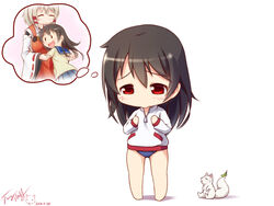  black_hair blonde_hair breast_envy buruma chibi chinese_commentary closed_eyes commentary_request dated female fox fushimi_inari hair_ribbon hug inari_konkon_koi_iroha. jacket japanese_clothes kon_(inakon) korean_commentary langbazi long_hair miko photoshop_(medium) pleated_skirt red_eyes ribbon school_uniform serafuku signature simple_background skirt smile solo thought_bubble tress_ribbon uka-no-mitama-no-kami_(inakon) white_background 