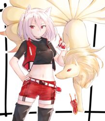  animal_ears belt black_shirt commentary_request crop_top cropped_jacket female fox fox_ears fox_tail hair_between_eyes hand_on_own_hip highres kemonomimi_mode looking_at_viewer midriff multiple_tails navel ninetales original poke_ball poke_ball_print pokemon pokemon_(creature) purple_hair red_shorts shirt short_hair short_sleeves shorts suzunari_arare tail yuki_arare 