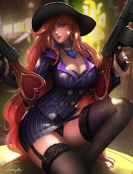  black_bra black_panties black_thighhighs bra bra_peek breasts chinese_commentary cleavage commentary_request crime_city_miss_fortune dual_wielding female formal garter_straps gun hat highres holding large_breasts league_of_legends long_hair mafia miss_fortune_(league_of_legends) panties pantyshot photoshop_(medium) pink_eyes pinstripe_pattern pinstripe_suit red_hair signature solo striped submachine_gun suit thighhighs thompson_submachine_gun turewindwalker underwear very_long_hair weapon 