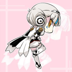  chibi code:_architecture_(elsword) commentary_request elsword eve_(elsword) facial_mark female forehead_jewel grey_hair pink_background sakumo_(karatama) short_hair simple_background solo thighhighs yellow_eyes zoom_layer 