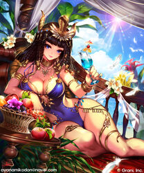  animal apple armlet artist_name basket beach beads bed bird black_hair blue_eyes blue_hawaii blue_nails blue_one-piece_swimsuit blunt_bangs blurry bracelet breasts cherry closed_mouth clothing_cutout cloud cloudy_sky cocktail_umbrella collarbone commentary_request company_name covered_navel crown crystal cup curtains day depth_of_field dreadlocks drink drinking_glass dutch_angle earrings egyptian egyptian_clothes eyelashes feathers female flower food fringe_trim fruit gem glint grapes hair_ornament hair_tubes head_wings highres holding holding_cup jewelry large_breasts leaf leaning_to_the_side lens_flare light_particles long_hair looking_at_viewer nail_polish neck_ring necklace ocean official_art on_bed one-piece_swimsuit orange_(fruit) orange_slice orb outdoors photoshop_(medium) pink_lips plant purple_flower railing shade shingoku_no_valhalla_gate side_cutout signature sitting sky smile snake snake_hair_ornament solo sparkle starfish strap_gap sun sunlight swimsuit table thighlet transparent tropical_drink uraeus watermark web_address white_flower wings wooden_table yoda_(ayanamikodon) yokozuwari 