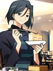  black_eyes black_hair cake closed_mouth commentary_request cup drinking_glass fate/zero fate_(series) female food fork hair_between_eyes highres hisau_maiya holding holding_cake holding_food holding_fork plate restaurant short_hair smile solo wine_glass yuuma_(u-ma) 