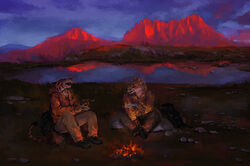  2016 anthro black_body black_fur black_nose bottomwear brown_body brown_fur campfire canid canine clock closed_eyes clothed clothing clouded_leopard detailed_background digital_media_(artwork) digital_painting_(artwork) duo eating fangs felid fire food footwear fox fur grass holding_object hoodie lake landscape male mammal mountain multicolored_body multicolored_fur open_mouth outside pantherine pants plant plate racoonwolf rock shoes signature sitting sky smile spots teeth topwear watch white_body white_fur yellow_body yellow_fur 