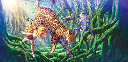  2girls ^_^ absurdres air_bubble animal_ears animal_hands animal_print bare_shoulders barefoot blonde_hair blue_hair bubble closed_eyes closed_mouth commentary_request day elbow_gloves fingerless_gloves freediving full_body fur_collar gloves green_eyes hands_up highres jaguar jaguar_(kemono_friends) jaguar_ears jaguar_print jaguar_tail kemono_friends knees_together_feet_apart knees_up looking_at_another mangrove multicolored_hair multiple_girls one-piece_swimsuit otter otter_ears otter_tail outdoors photoshop_(medium) print_gloves print_skirt print_thighhighs shirt short_hair short_sleeves skirt small-clawed_otter_(kemono_friends) smile submerged swimming swimsuit tail thighhighs toes tree underwater wasabichan water white_hair yellow_eyes zettai_ryouiki 