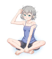  adjusting_hair bad_id bad_pixiv_id barefoot blue_eyes camisole feet female full_body grey_hair highres indian_style looking_up messy_hair original shorts sitting solo souji_kurokawa strap_slip wavy_mouth 