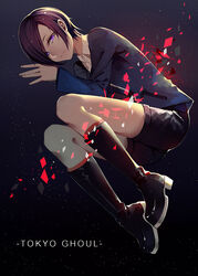  ayan bare_legs black_footwear black_shorts blue_sweater boots closed_mouth commentary copyright_name dark_background dots female full_body hair_over_one_eye highres kirishima_touka looking_at_viewer lying on_side purple_eyes purple_hair shirt short_hair short_shorts shorts solo sweater tokyo_ghoul white_shirt 